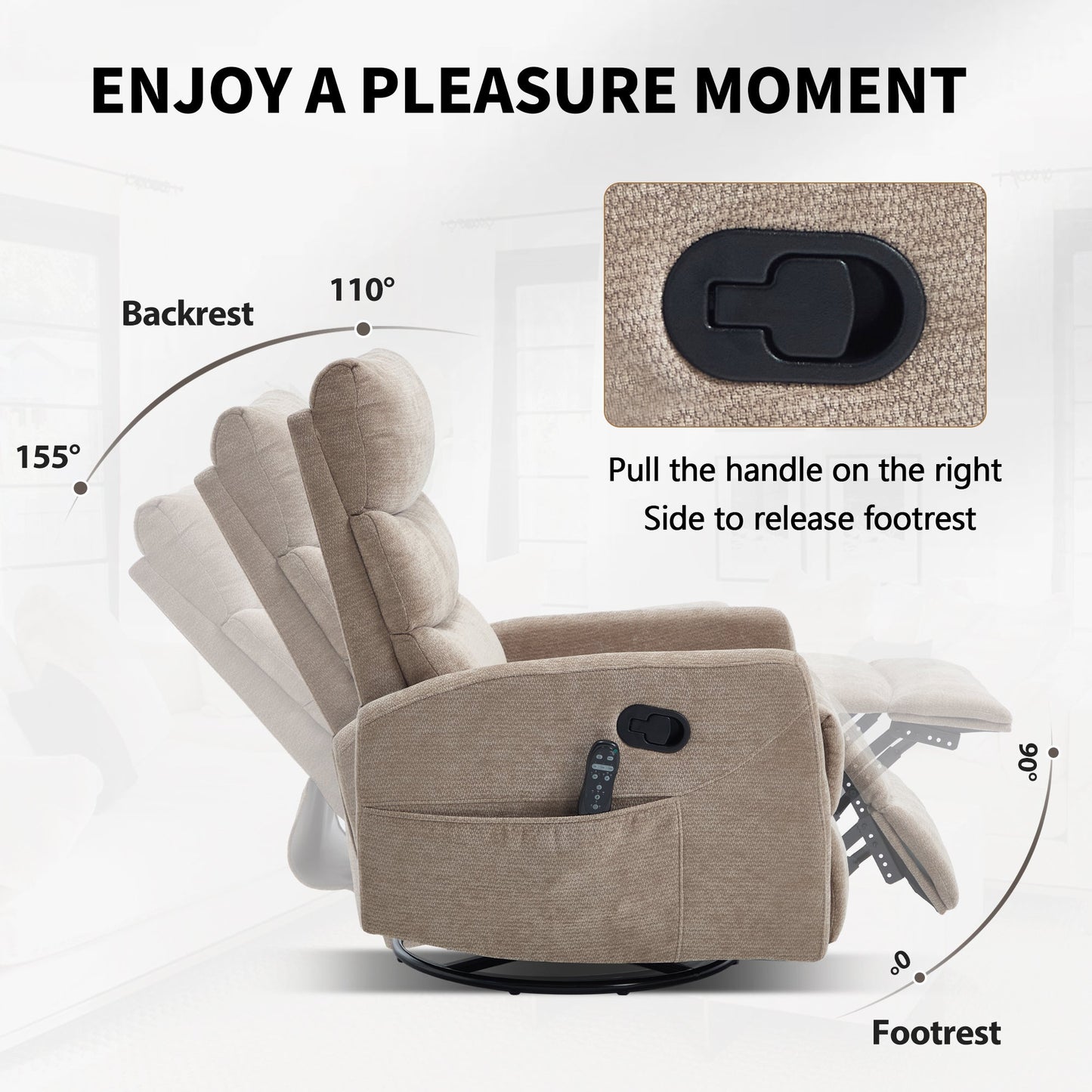 Heat Massage Manual Recliner Chair with Rocker and Swivel in Fabric for Living Room, Khaki - 1st Choice Furniture Direct