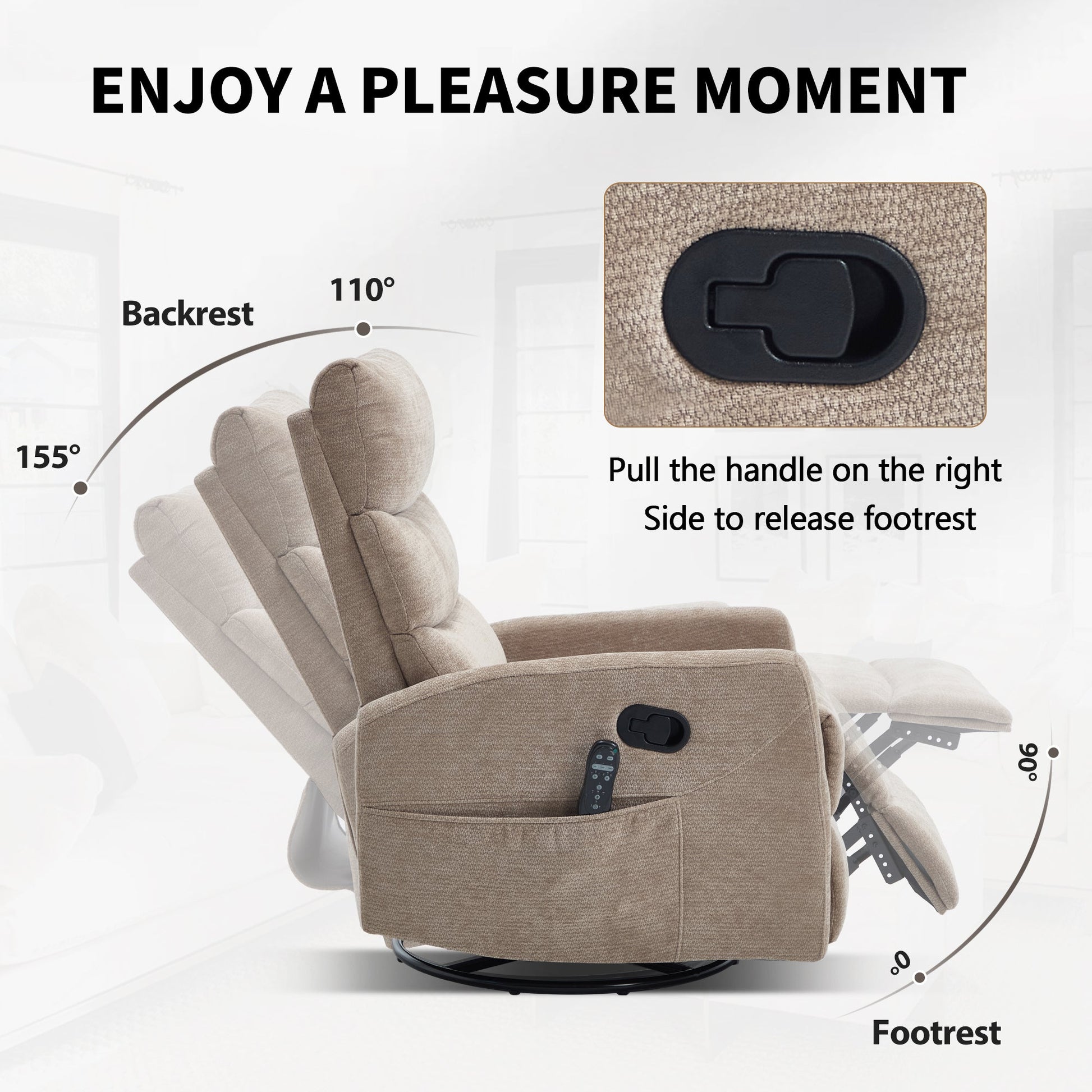 Heat Massage Manual Recliner Chair with Rocker and Swivel in Fabric for Living Room, Khaki - 1st Choice Furniture Direct