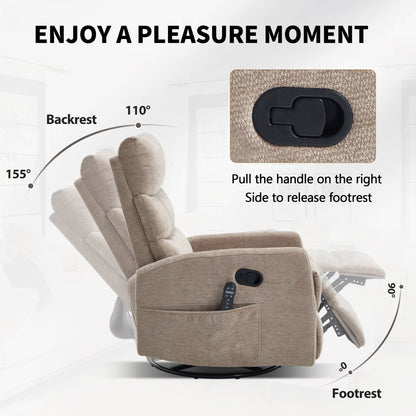 Heat Massage Manual Recliner Chair with Rocker and Swivel in Fabric for Living Room, Khaki - 1st Choice Furniture Direct