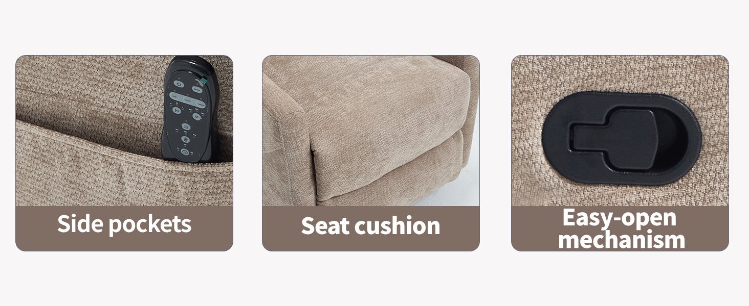 Heat Massage Manual Recliner Chair with Rocker and Swivel in Fabric for Living Room, Khaki - 1st Choice Furniture Direct