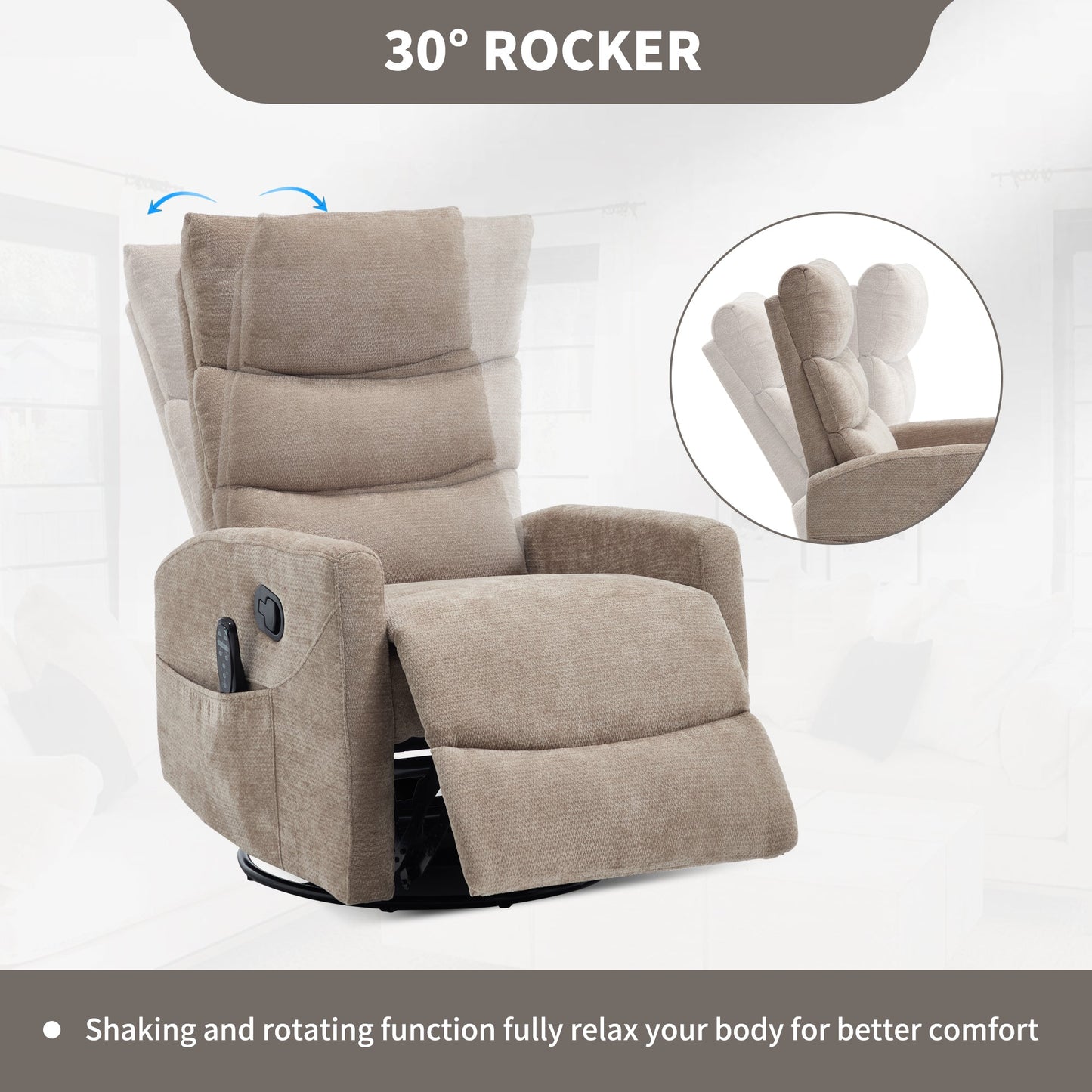 Heat Massage Manual Recliner Chair with Rocker and Swivel in Fabric for Living Room, Khaki - 1st Choice Furniture Direct