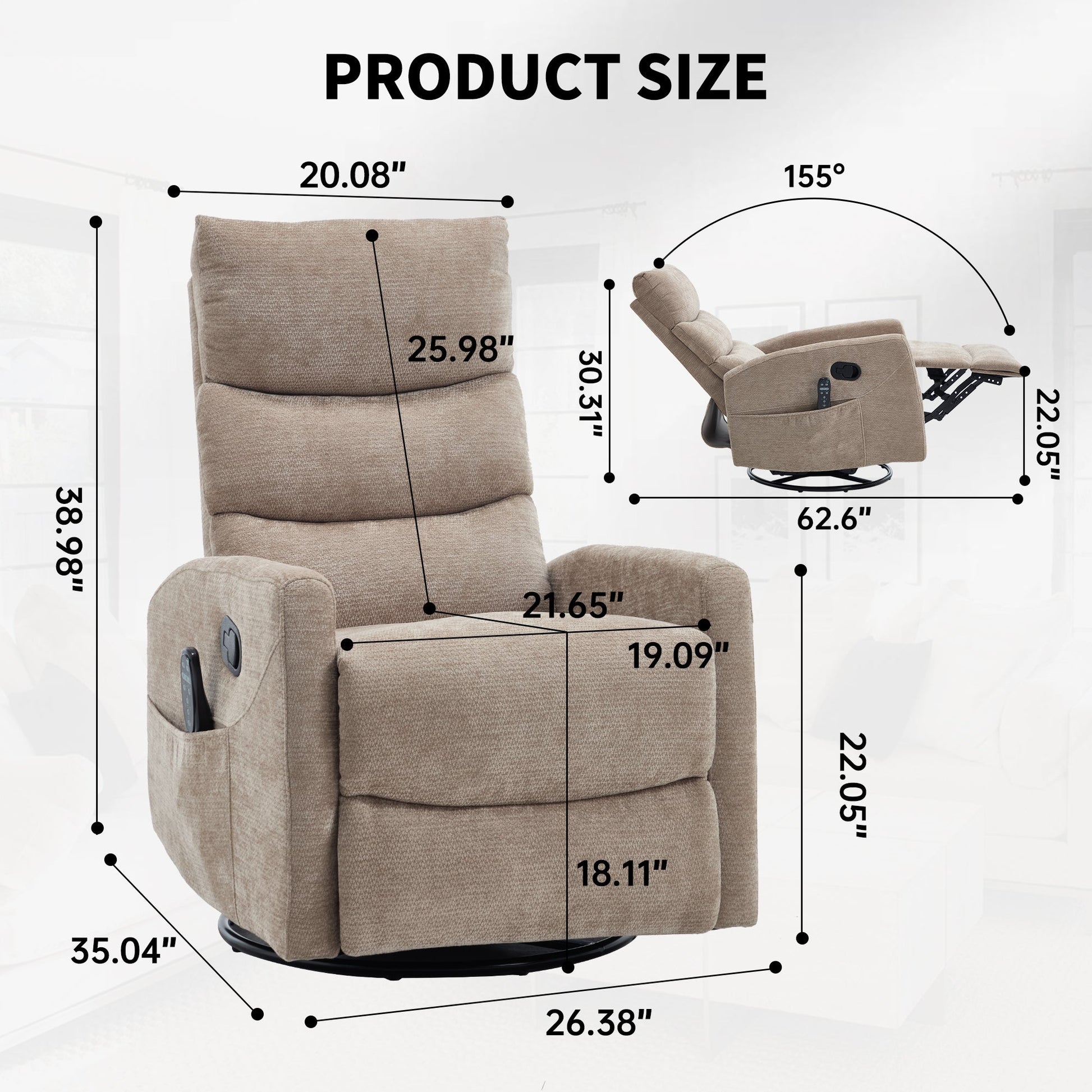 Heat Massage Manual Recliner Chair with Rocker and Swivel in Fabric for Living Room, Khaki - 1st Choice Furniture Direct