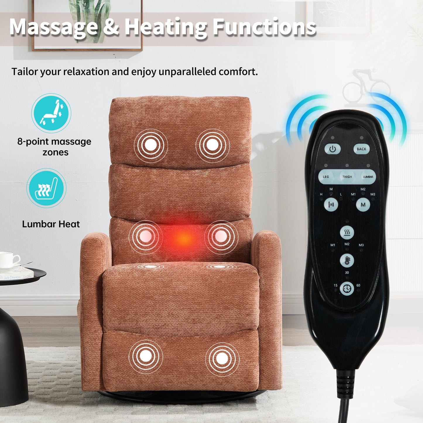 Heat Massage Manual Recliner Chair with Rocker and Swivel in Fabric for Living Room, Orange - 1st Choice Furniture Direct