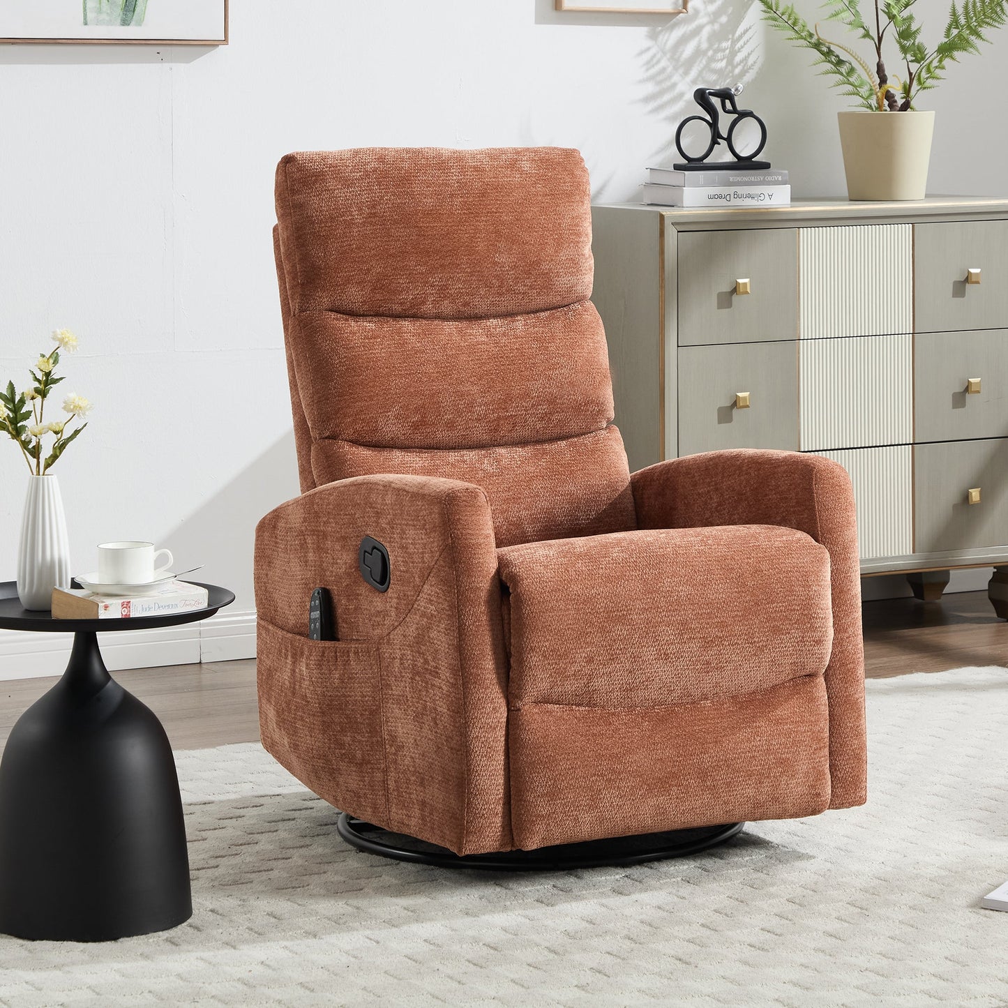 Heat Massage Manual Recliner Chair with Rocker and Swivel in Fabric for Living Room, Orange - 1st Choice Furniture Direct