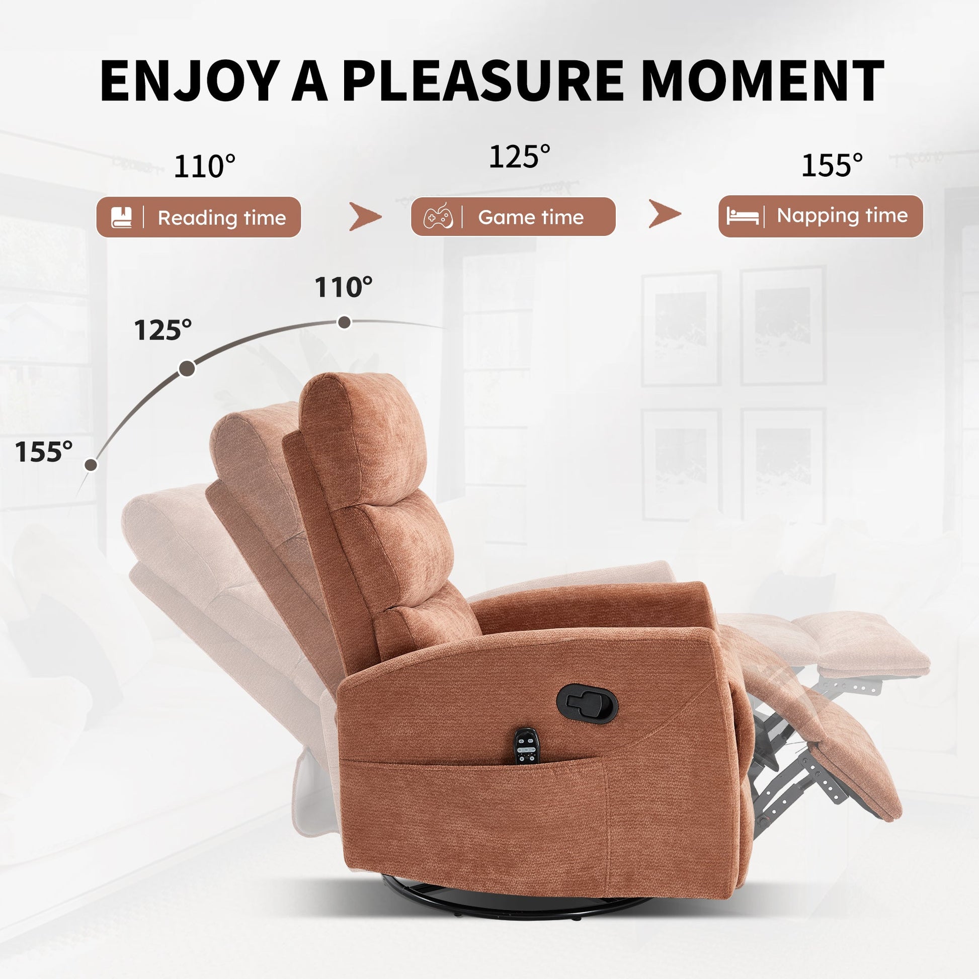 Heat Massage Manual Recliner Chair with Rocker and Swivel in Fabric for Living Room, Orange - 1st Choice Furniture Direct