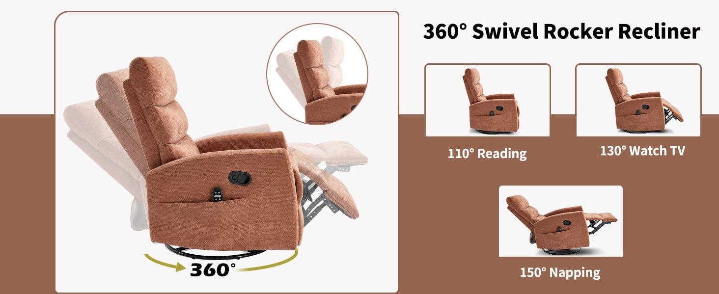 Heat Massage Manual Recliner Chair with Rocker and Swivel in Fabric for Living Room, Orange - 1st Choice Furniture Direct
