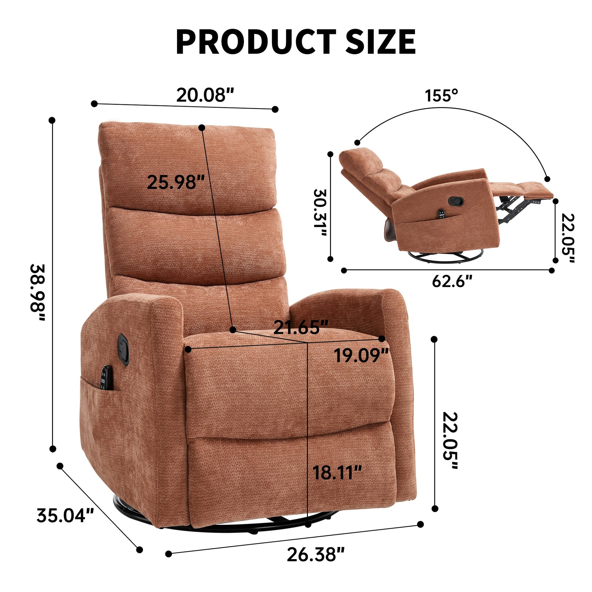 Heat Massage Manual Recliner Chair with Rocker and Swivel in Fabric for Living Room, Orange - 1st Choice Furniture Direct