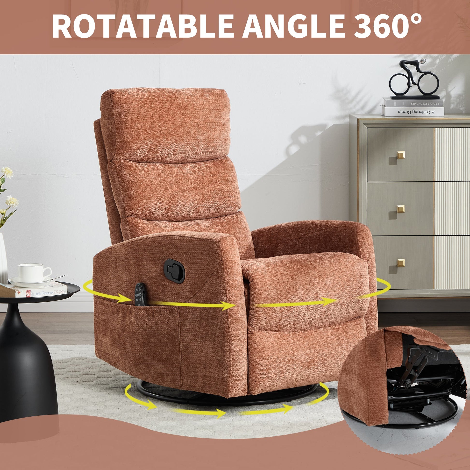 Heat Massage Manual Recliner Chair with Rocker and Swivel in Fabric for Living Room, Orange - 1st Choice Furniture Direct