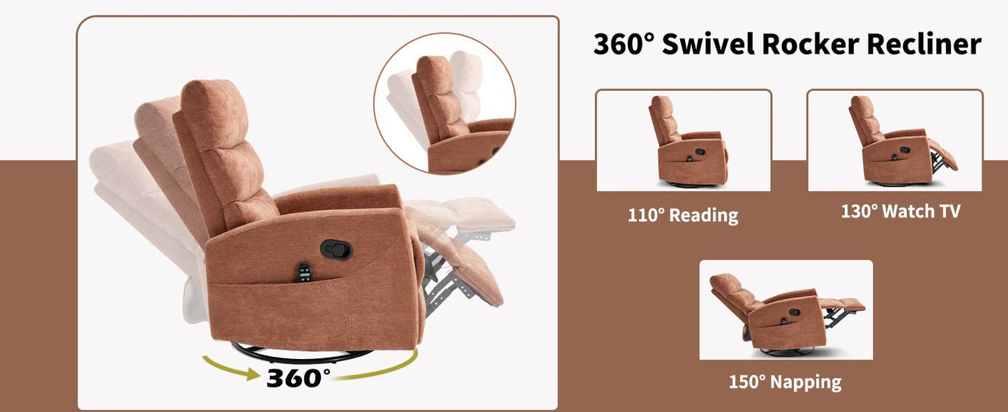Heat Massage Manual Recliner Chair with Rocker and Swivel in Fabric for Living Room, Orange - 1st Choice Furniture Direct