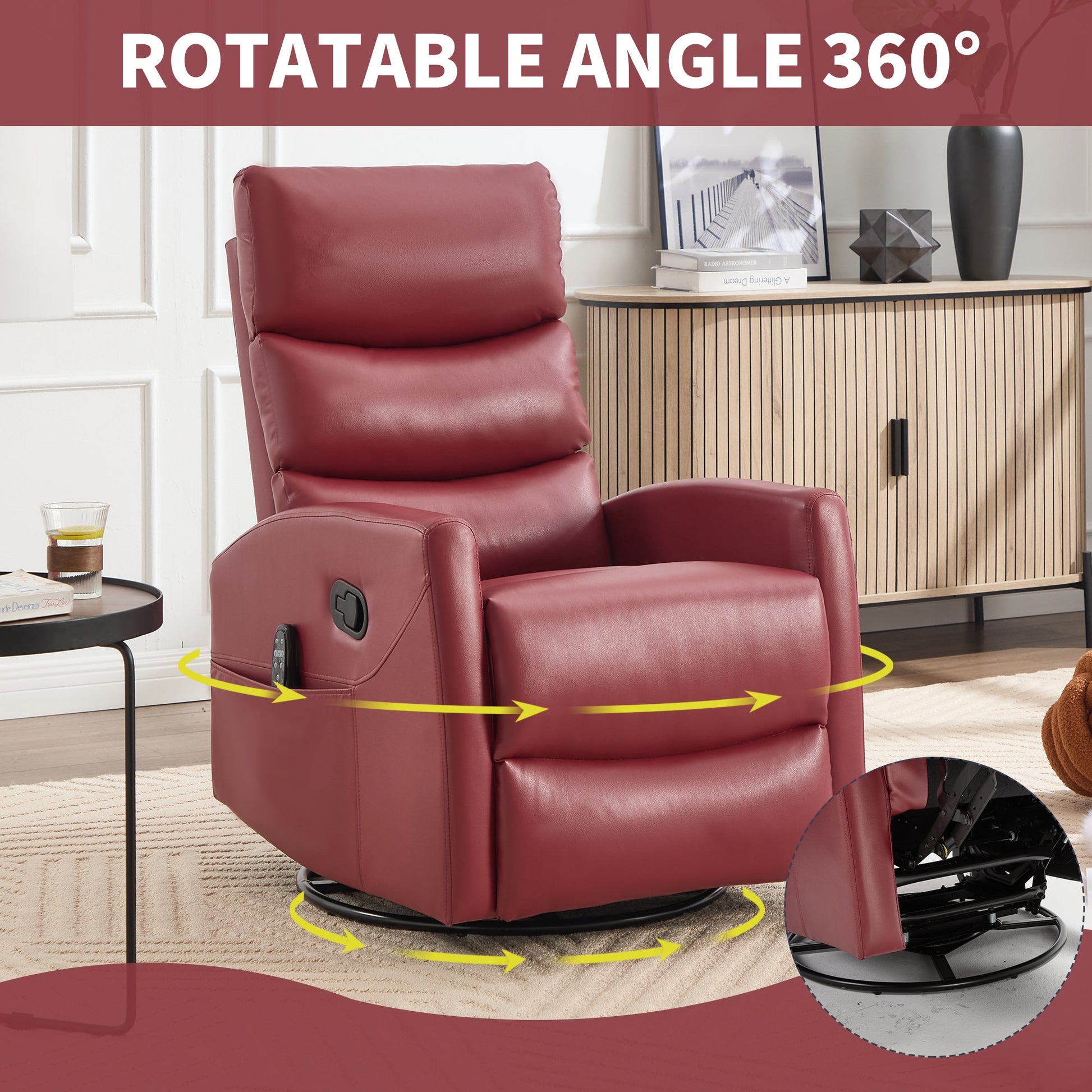 Heat Massage Manual Recliner Chair with Rocker and Swivel in Fabric for Living Room, Red - 1st Choice Furniture Direct