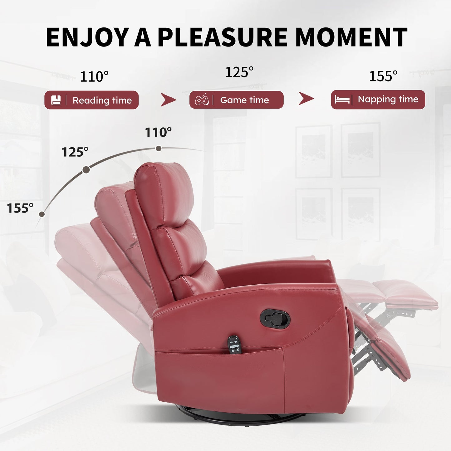 Heat Massage Manual Recliner Chair with Rocker and Swivel in Fabric for Living Room, Red - 1st Choice Furniture Direct