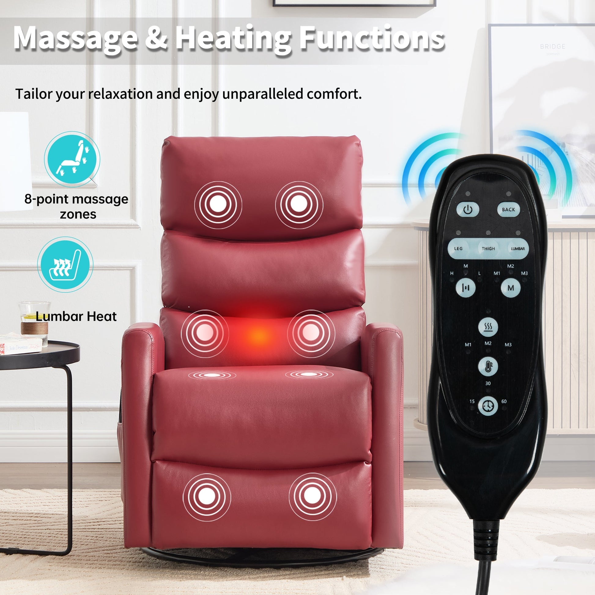 Heat Massage Manual Recliner Chair with Rocker and Swivel in Fabric for Living Room, Red - 1st Choice Furniture Direct