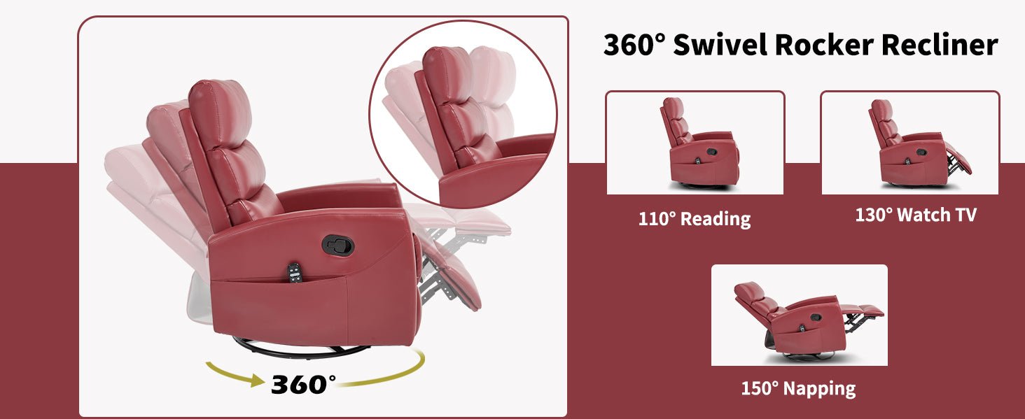 Heat Massage Manual Recliner Chair with Rocker and Swivel in Fabric for Living Room, Red - 1st Choice Furniture Direct