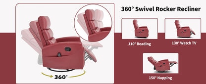Heat Massage Manual Recliner Chair with Rocker and Swivel in Fabric for Living Room, Red - 1st Choice Furniture Direct