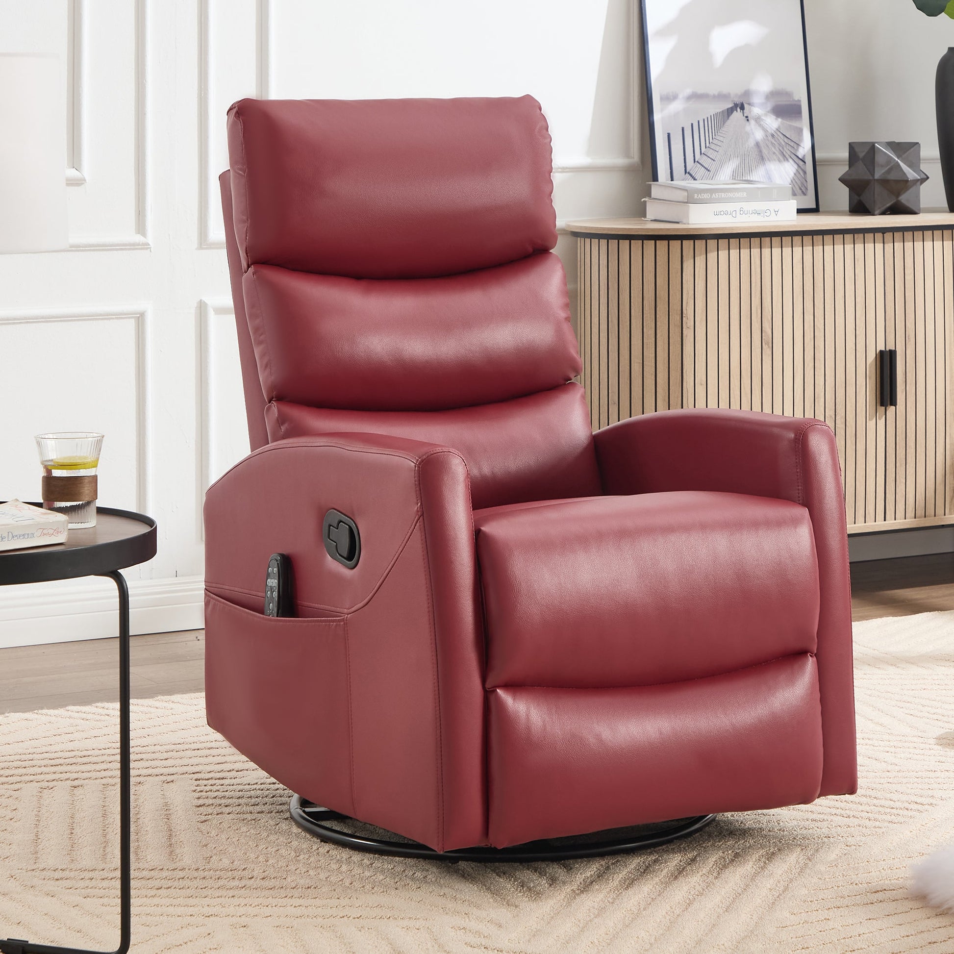 Heat Massage Manual Recliner Chair with Rocker and Swivel in Fabric for Living Room, Red - 1st Choice Furniture Direct