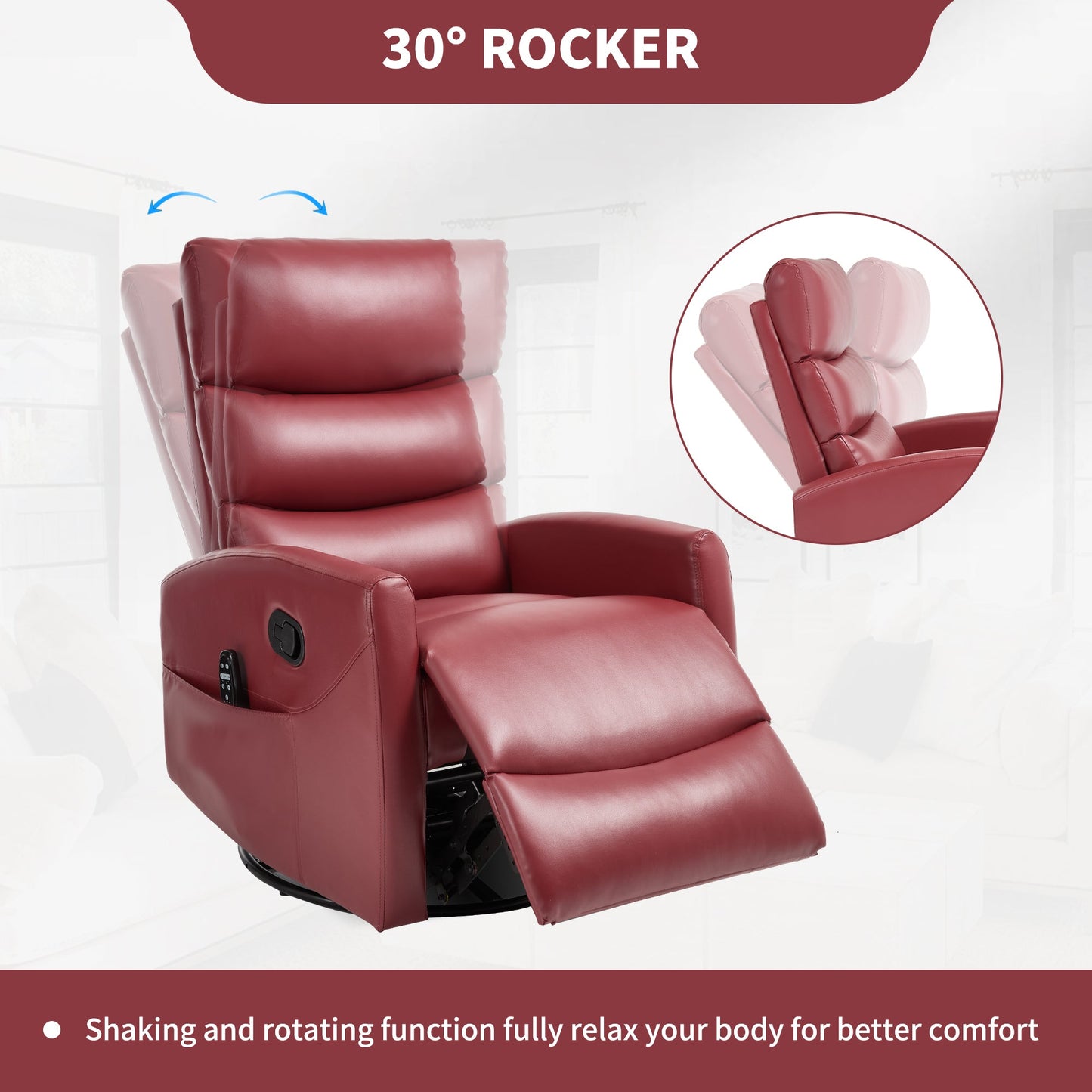 Heat Massage Manual Recliner Chair with Rocker and Swivel in Fabric for Living Room, Red - 1st Choice Furniture Direct