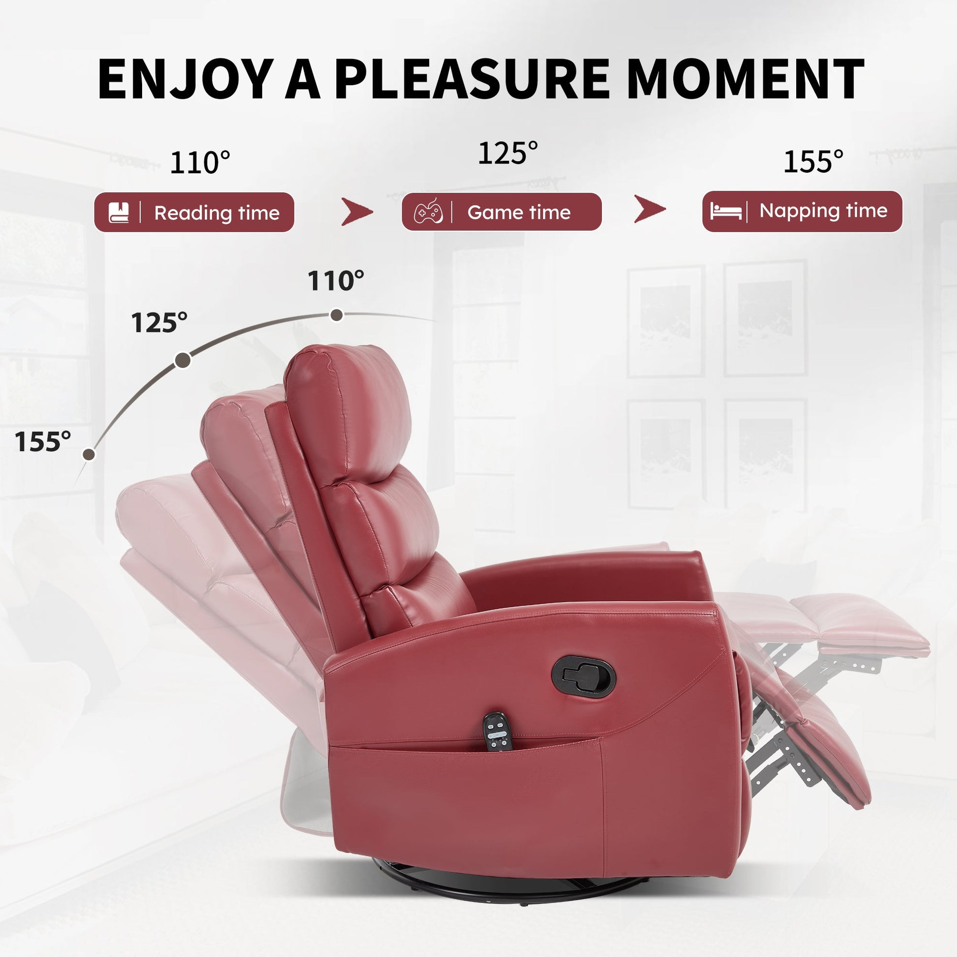 Heat Massage Manual Recliner Chair with Rocker and Swivel in Fabric for Living Room, Red - 1st Choice Furniture Direct