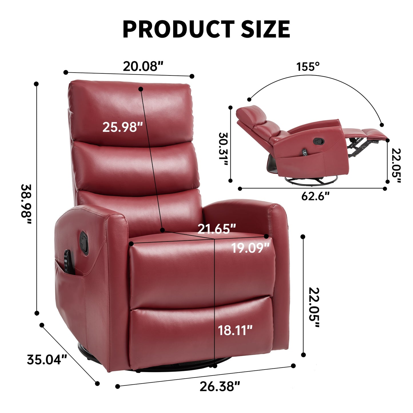 Heat Massage Manual Recliner Chair with Rocker and Swivel in Fabric for Living Room, Red - 1st Choice Furniture Direct