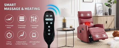 Heat Massage Manual Recliner Chair with Rocker and Swivel in Fabric for Living Room, Red - 1st Choice Furniture Direct
