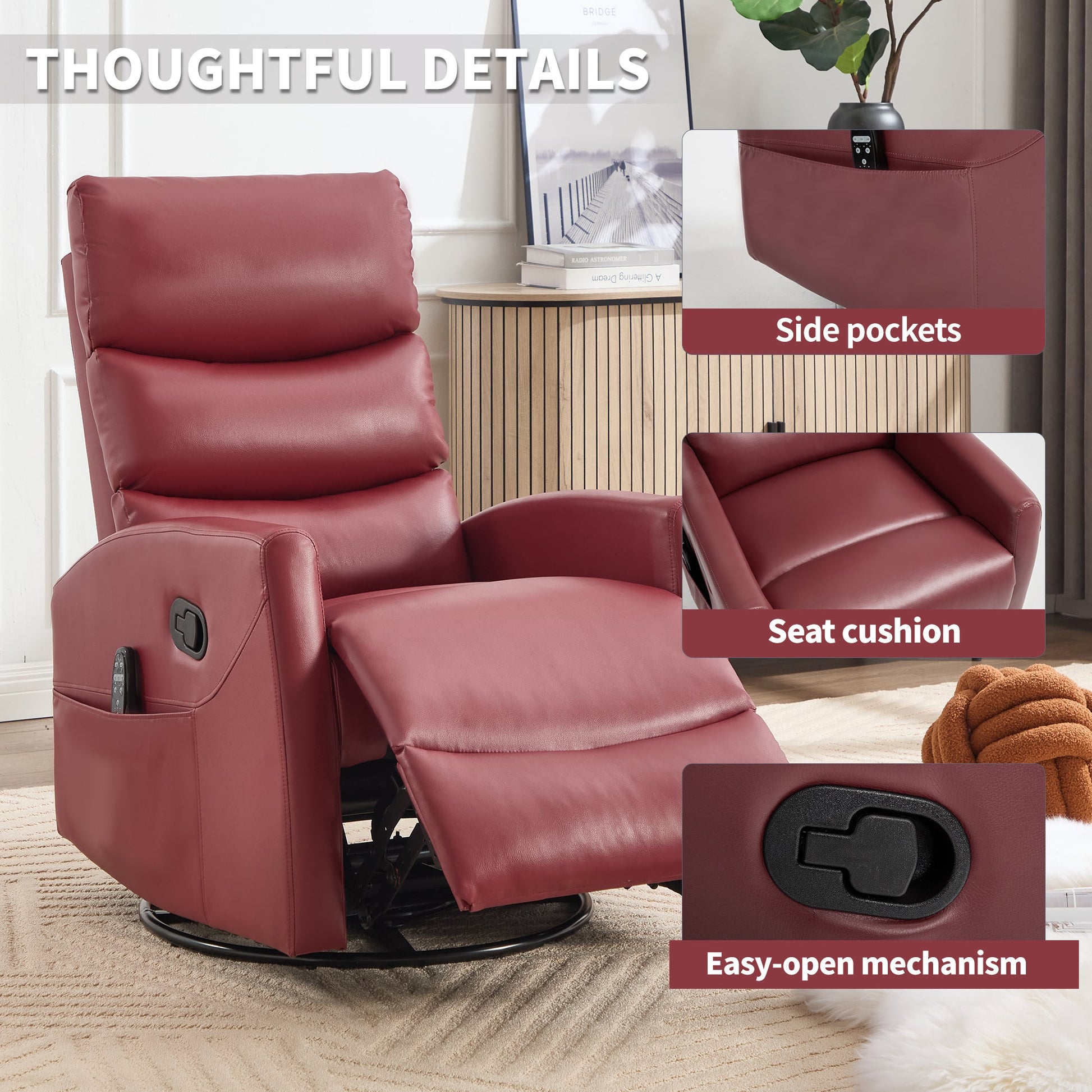 Heat Massage Manual Recliner Chair with Rocker and Swivel in Fabric for Living Room, Red - 1st Choice Furniture Direct