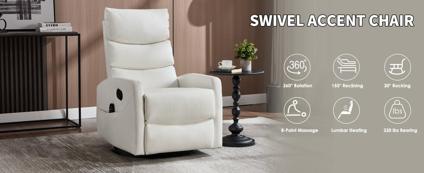 Heat Massage Manual Recliner Chair with Rocker and Swivel in Fabric for Living Room, White - 1st Choice Furniture Direct