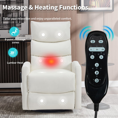 Heat Massage Manual Recliner Chair with Rocker and Swivel in Fabric for Living Room, White - 1st Choice Furniture Direct