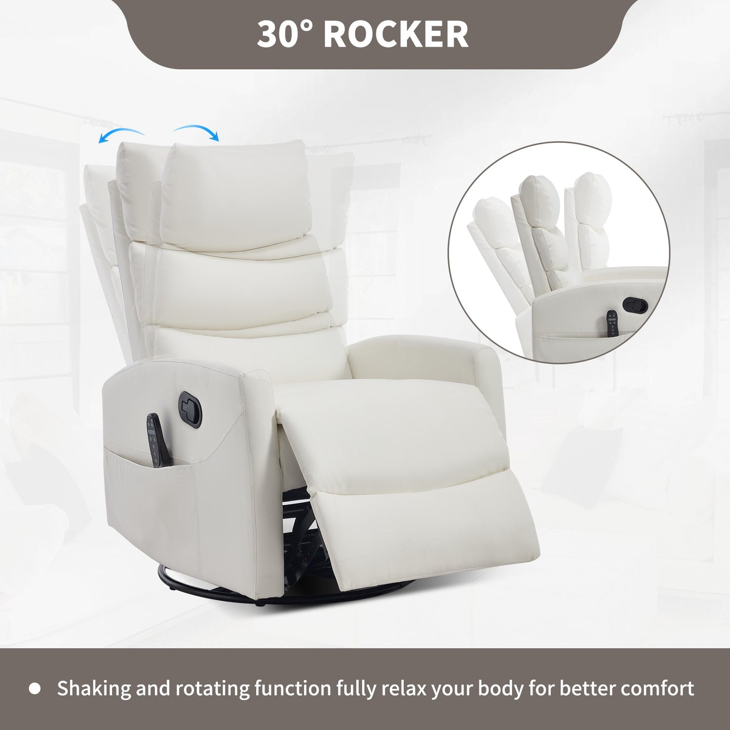 Heat Massage Manual Recliner Chair with Rocker and Swivel in Fabric for Living Room, White - 1st Choice Furniture Direct