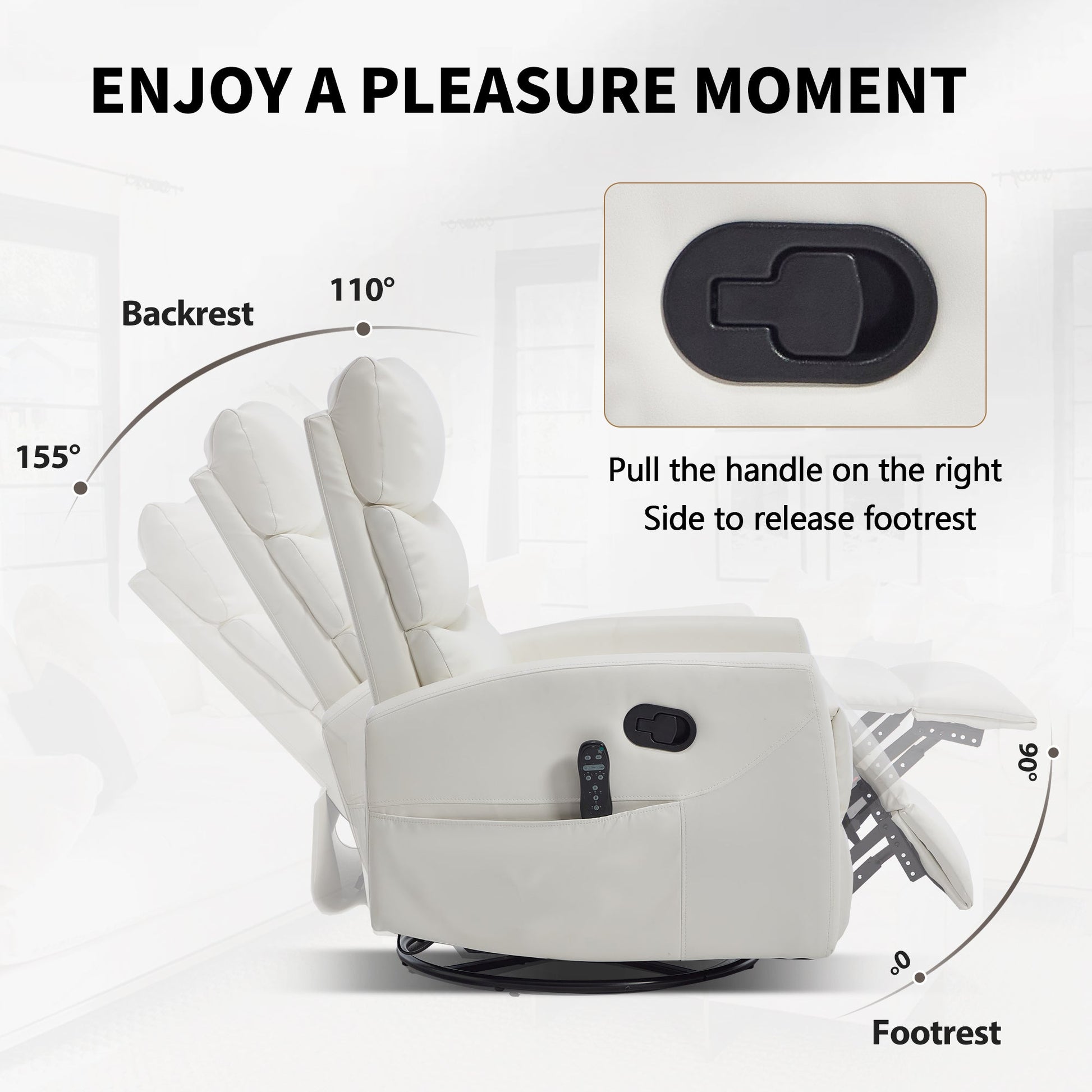 Heat Massage Manual Recliner Chair with Rocker and Swivel in Fabric for Living Room, White - 1st Choice Furniture Direct