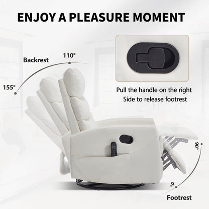 Heat Massage Manual Recliner Chair with Rocker and Swivel in Fabric for Living Room, White - 1st Choice Furniture Direct