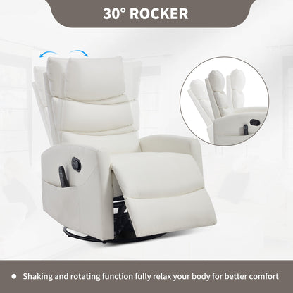 Heat Massage Manual Recliner Chair with Rocker and Swivel in Fabric for Living Room, White - 1st Choice Furniture Direct