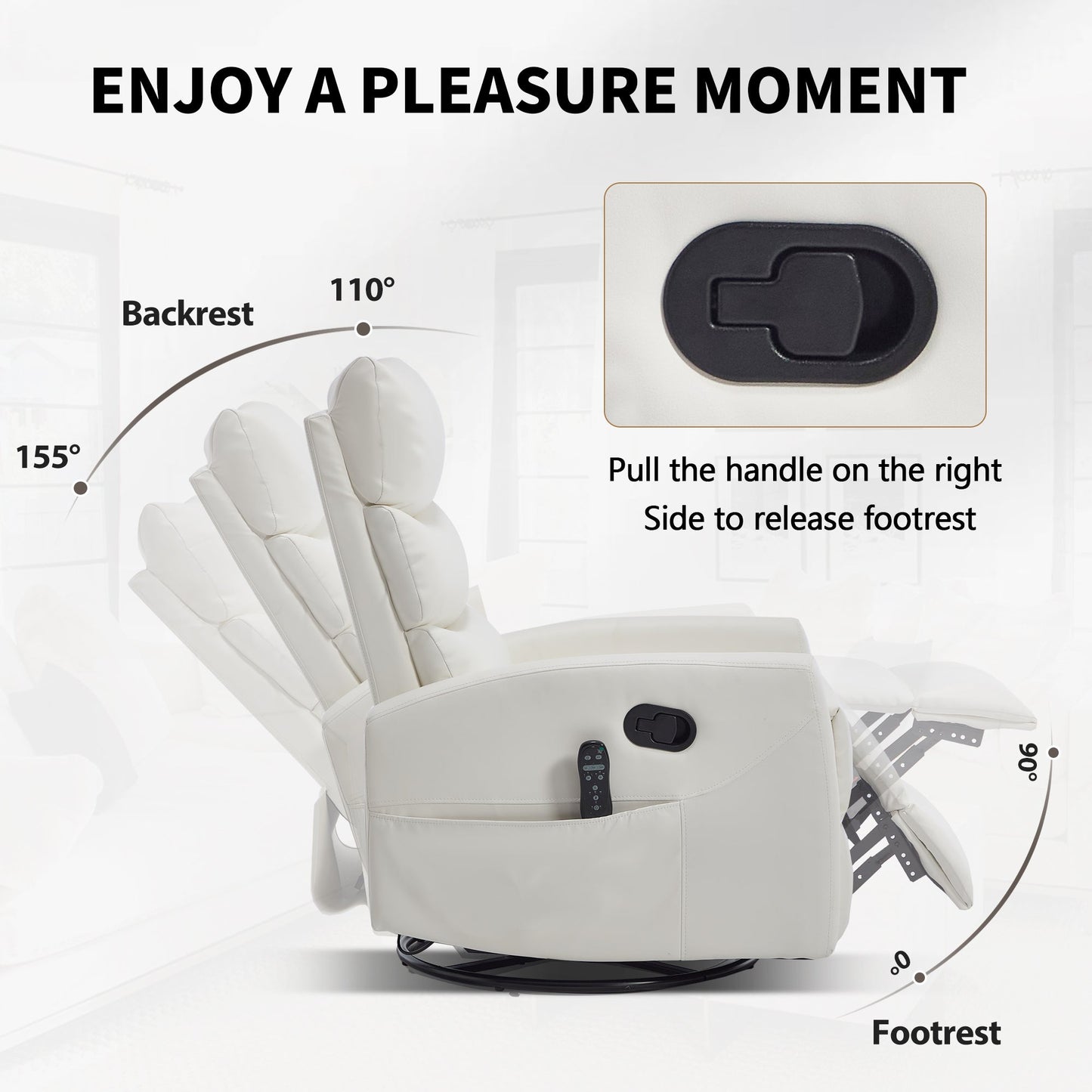 Heat Massage Manual Recliner Chair with Rocker and Swivel in Fabric for Living Room, White - 1st Choice Furniture Direct