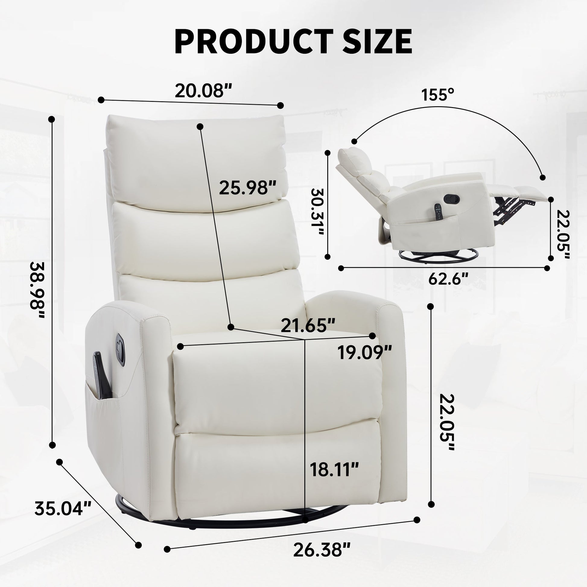 Heat Massage Manual Recliner Chair with Rocker and Swivel in Fabric for Living Room, White - 1st Choice Furniture Direct