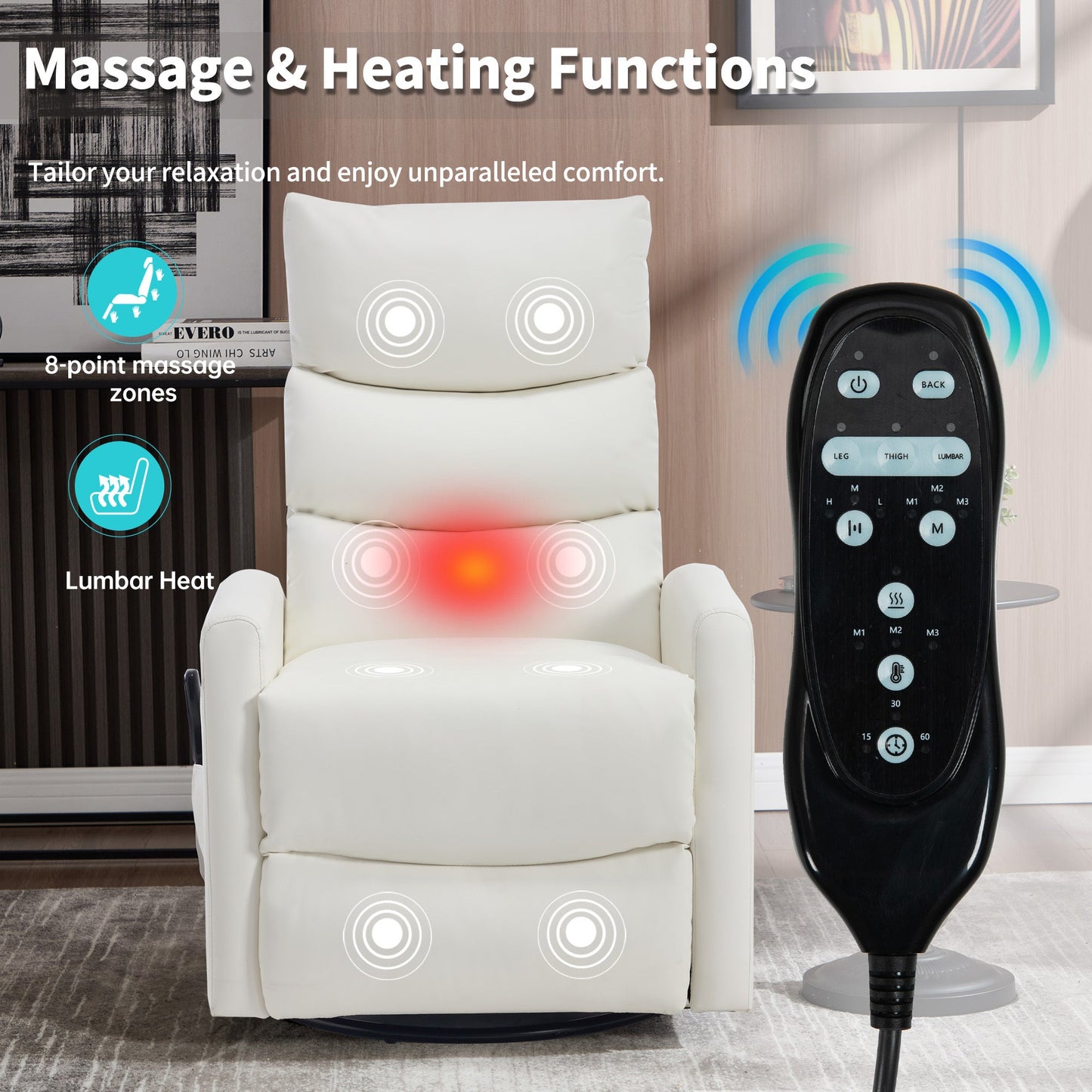 Heat Massage Manual Recliner Chair with Rocker and Swivel in Fabric for Living Room, White - 1st Choice Furniture Direct