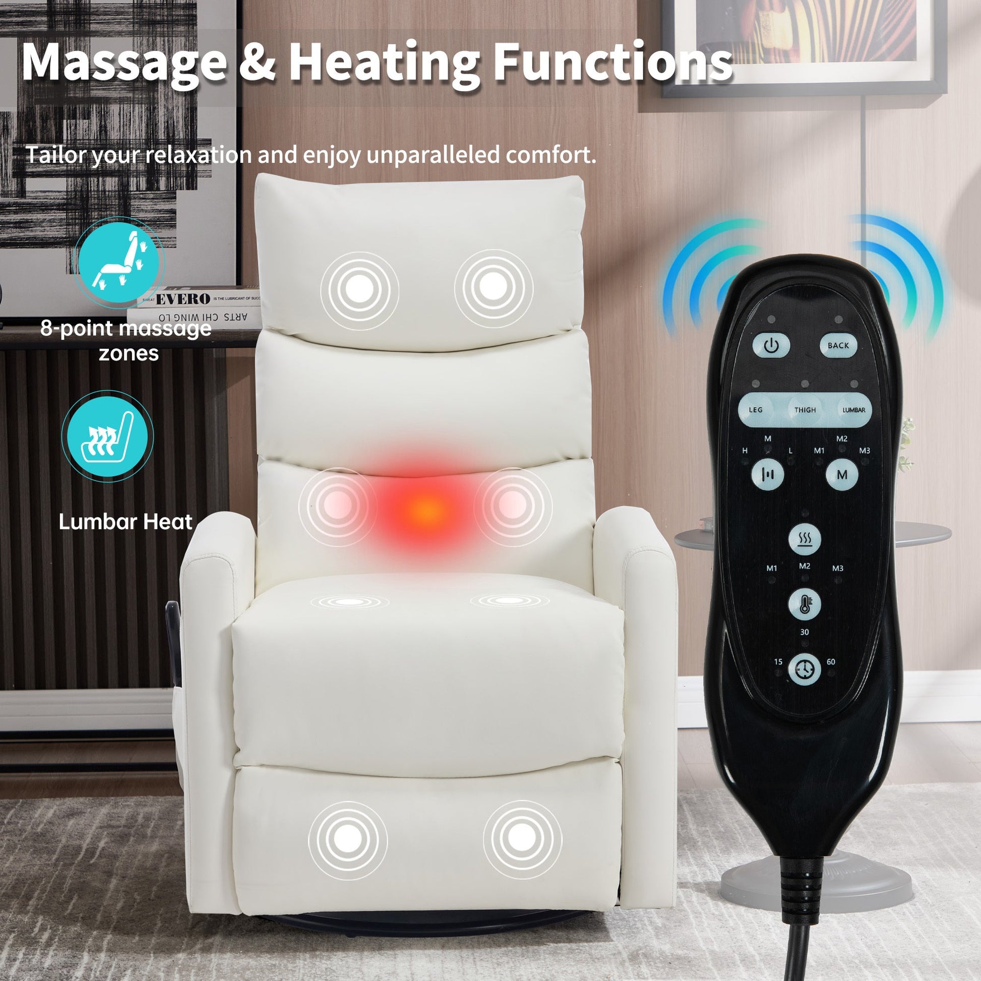 Heat Massage Manual Recliner Chair with Rocker and Swivel in Fabric for Living Room, White - 1st Choice Furniture Direct