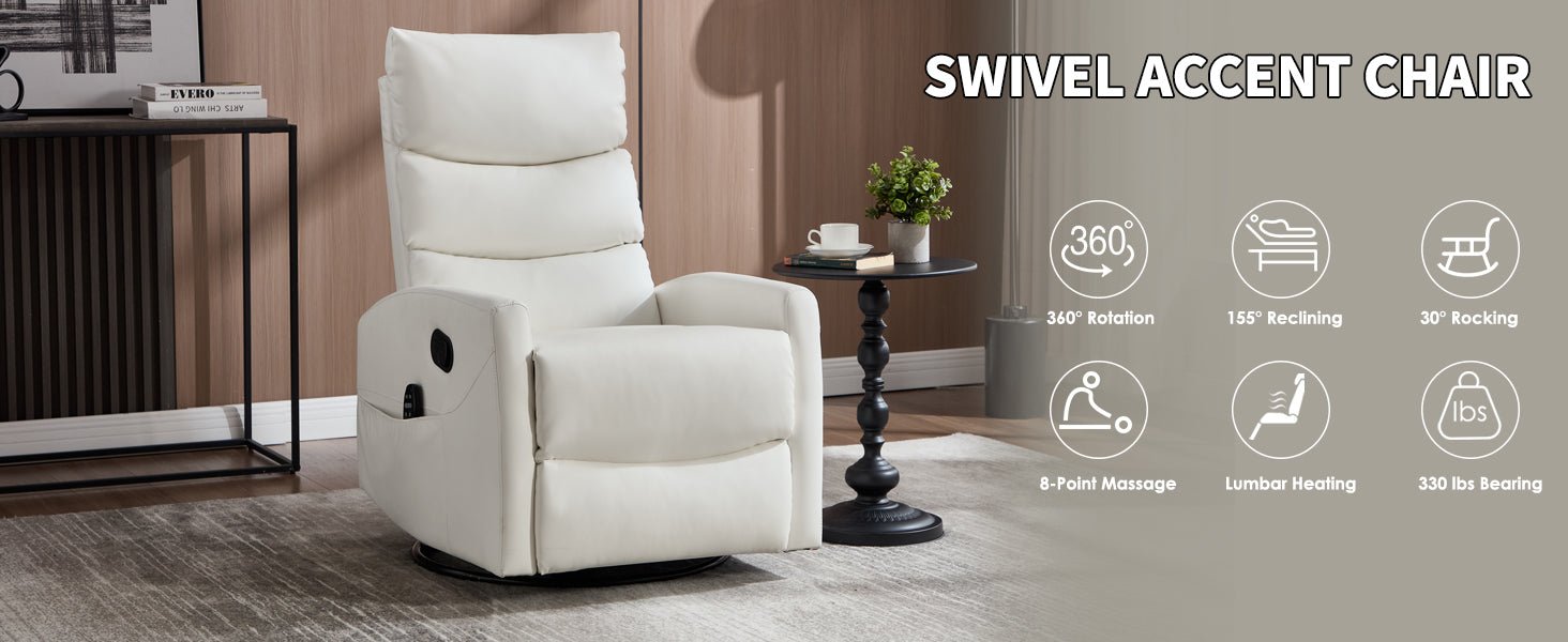 Heat Massage Manual Recliner Chair with Rocker and Swivel in Fabric for Living Room, White - 1st Choice Furniture Direct
