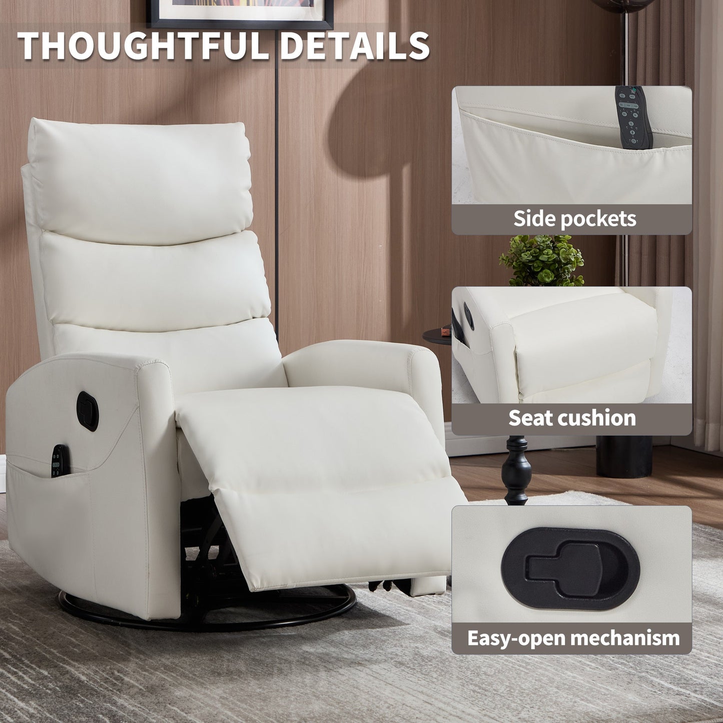 Heat Massage Manual Recliner Chair with Rocker and Swivel in Fabric for Living Room, White - 1st Choice Furniture Direct