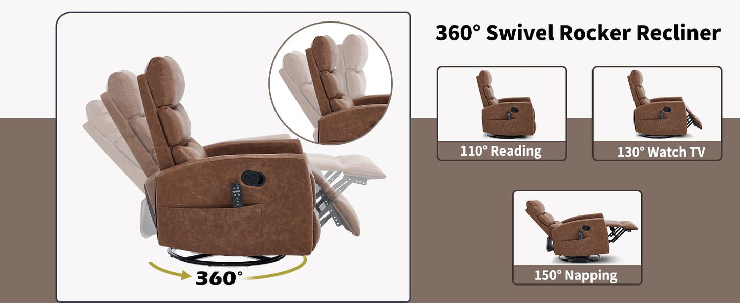 Heat Massage Manual Recliner Chair with Rocker and Swivel in Fabric for Living Room, Yellow - 1st Choice Furniture Direct