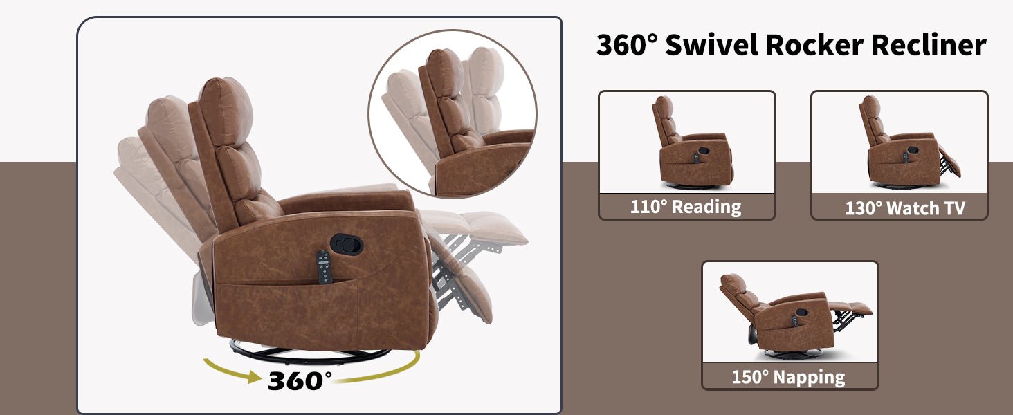 Heat Massage Manual Recliner Chair with Rocker and Swivel in Fabric for Living Room, Yellow - 1st Choice Furniture Direct