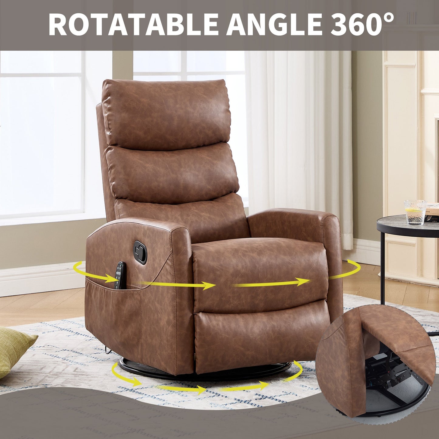 Heat Massage Manual Recliner Chair with Rocker and Swivel in Fabric for Living Room, Yellow - 1st Choice Furniture Direct