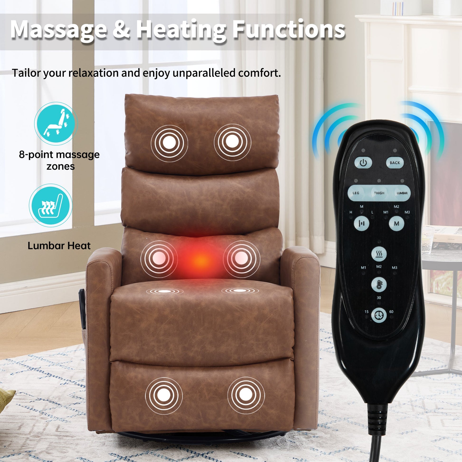 Heat Massage Manual Recliner Chair with Rocker and Swivel in Fabric for Living Room, Yellow - 1st Choice Furniture Direct