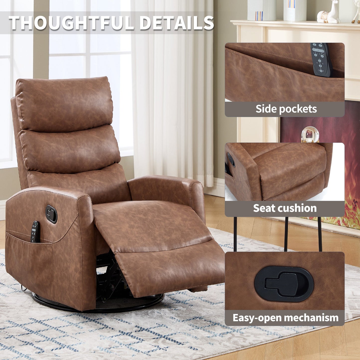 Heat Massage Manual Recliner Chair with Rocker and Swivel in Fabric for Living Room, Yellow - 1st Choice Furniture Direct