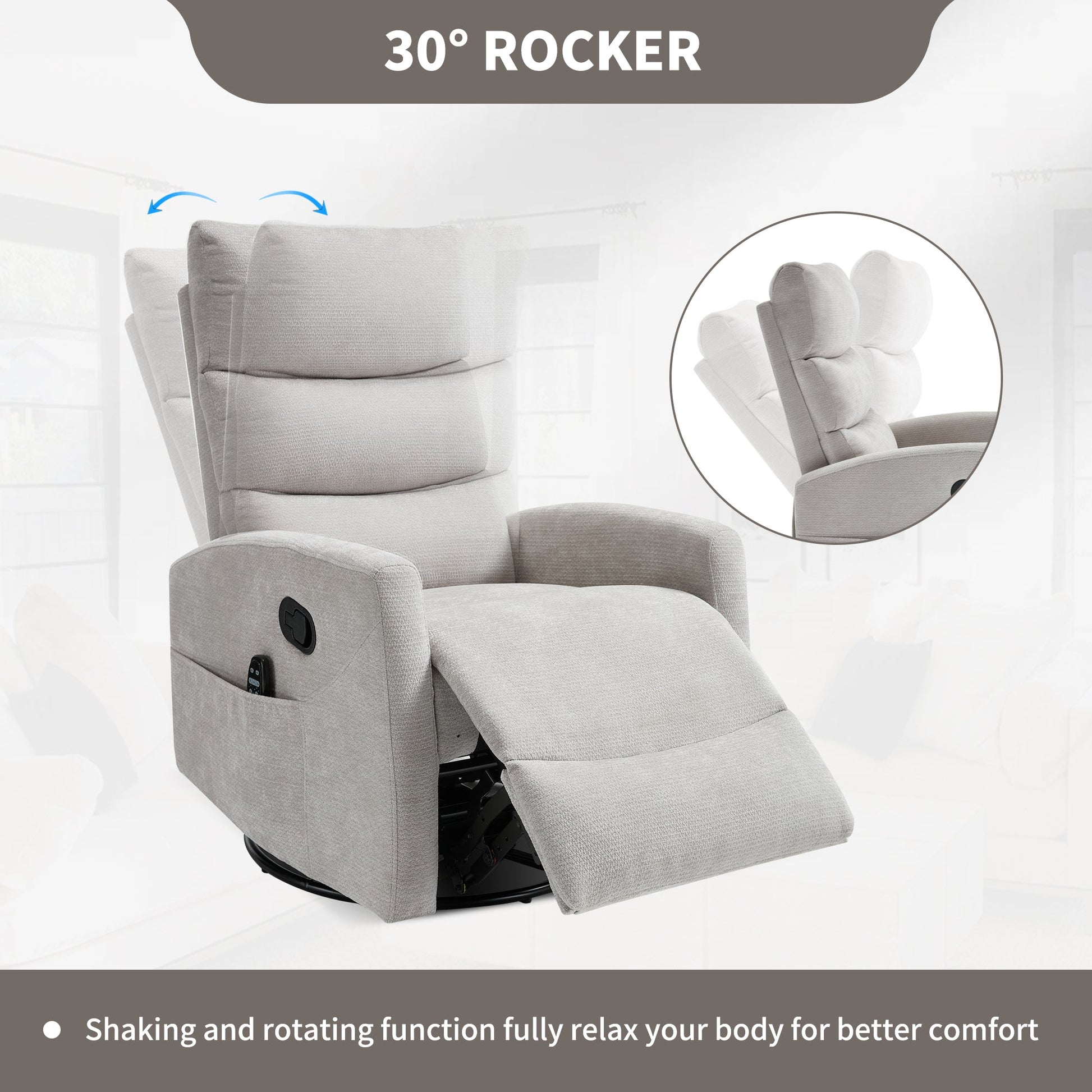 Heat Massage Manual Recliner Chair with Rocker and Swivel in Fabric for Living Room,Grey - 1st Choice Furniture Direct