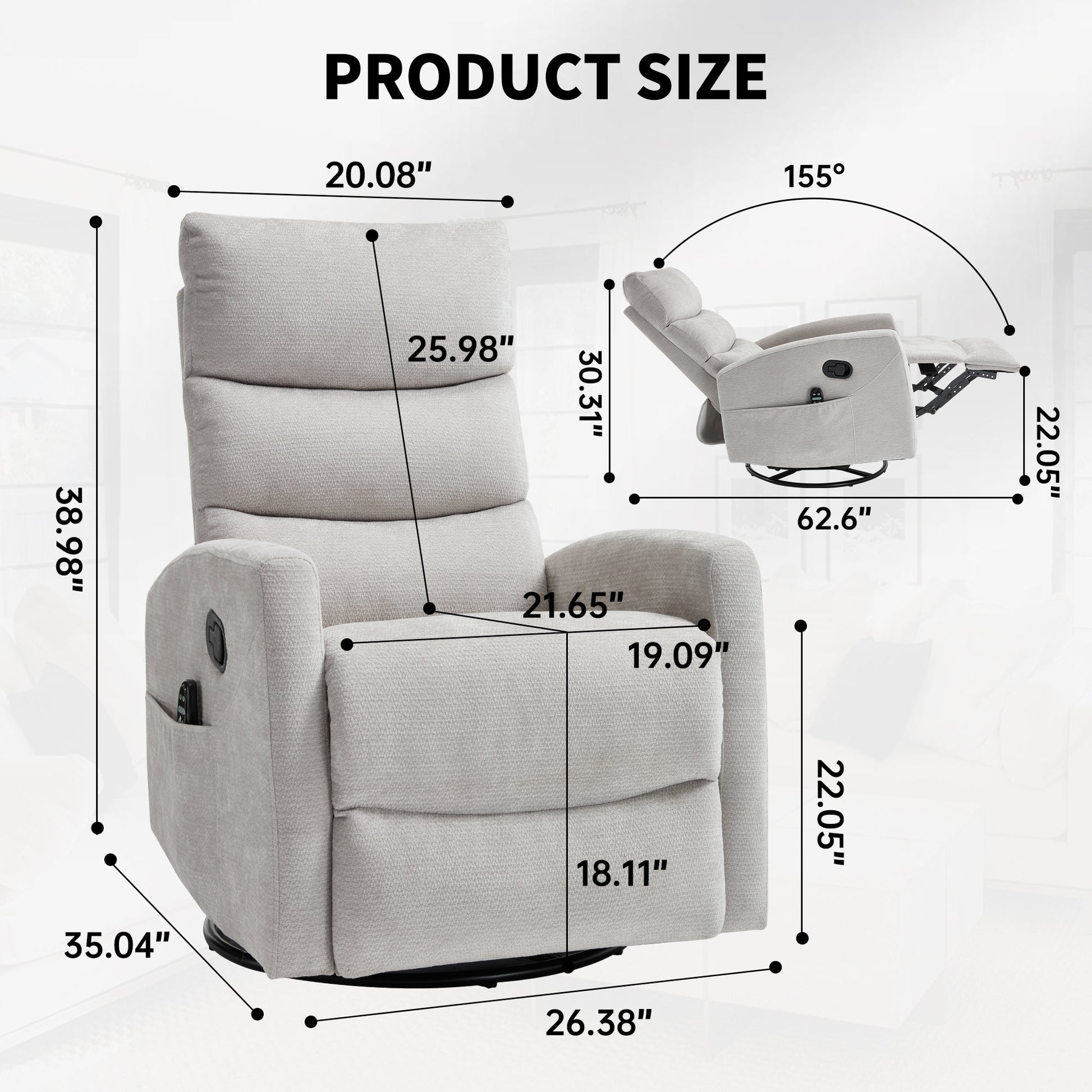 Heat Massage Manual Recliner Chair with Rocker and Swivel in Fabric for Living Room,Grey - 1st Choice Furniture Direct