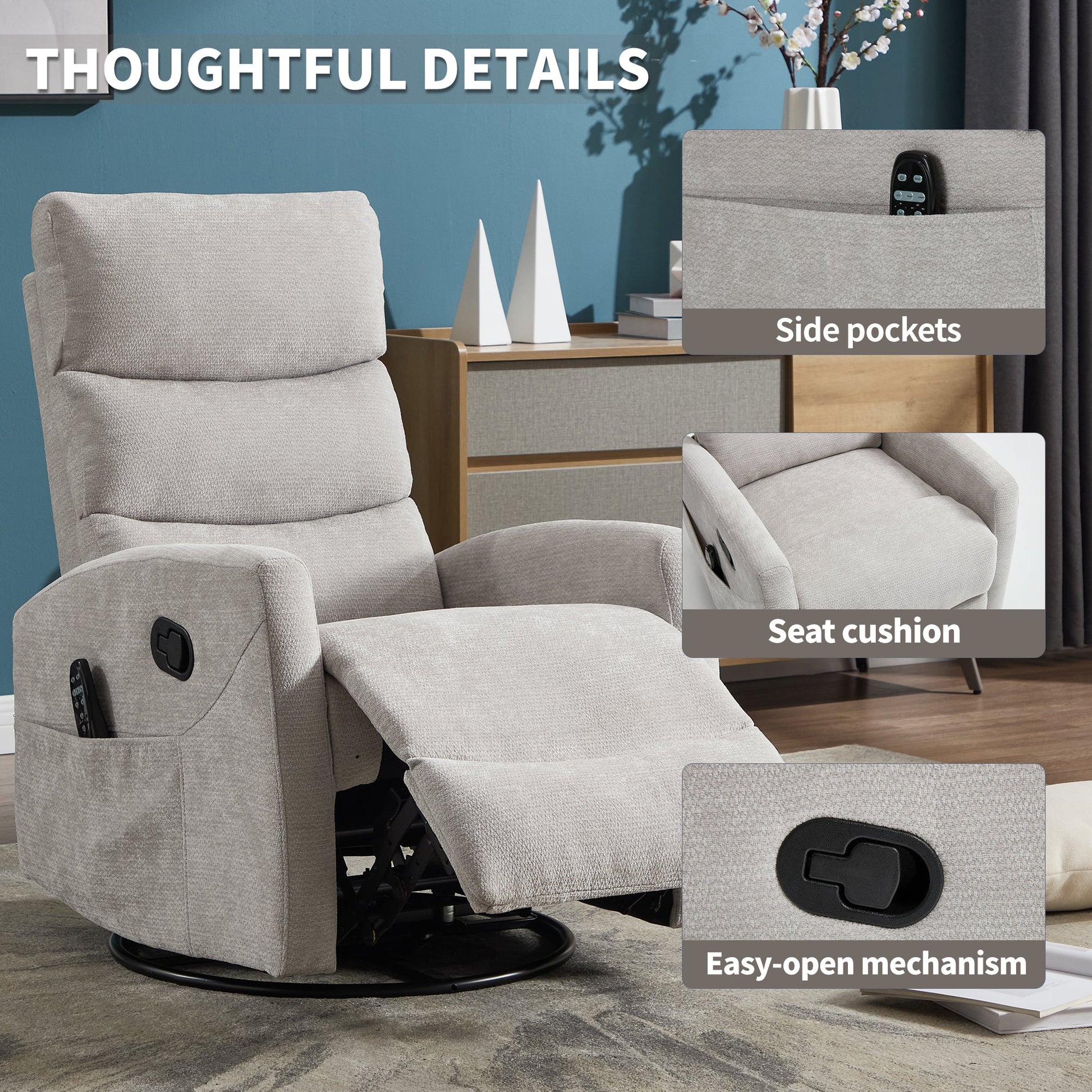 Heat Massage Manual Recliner Chair with Rocker and Swivel in Fabric for Living Room,Grey - 1st Choice Furniture Direct