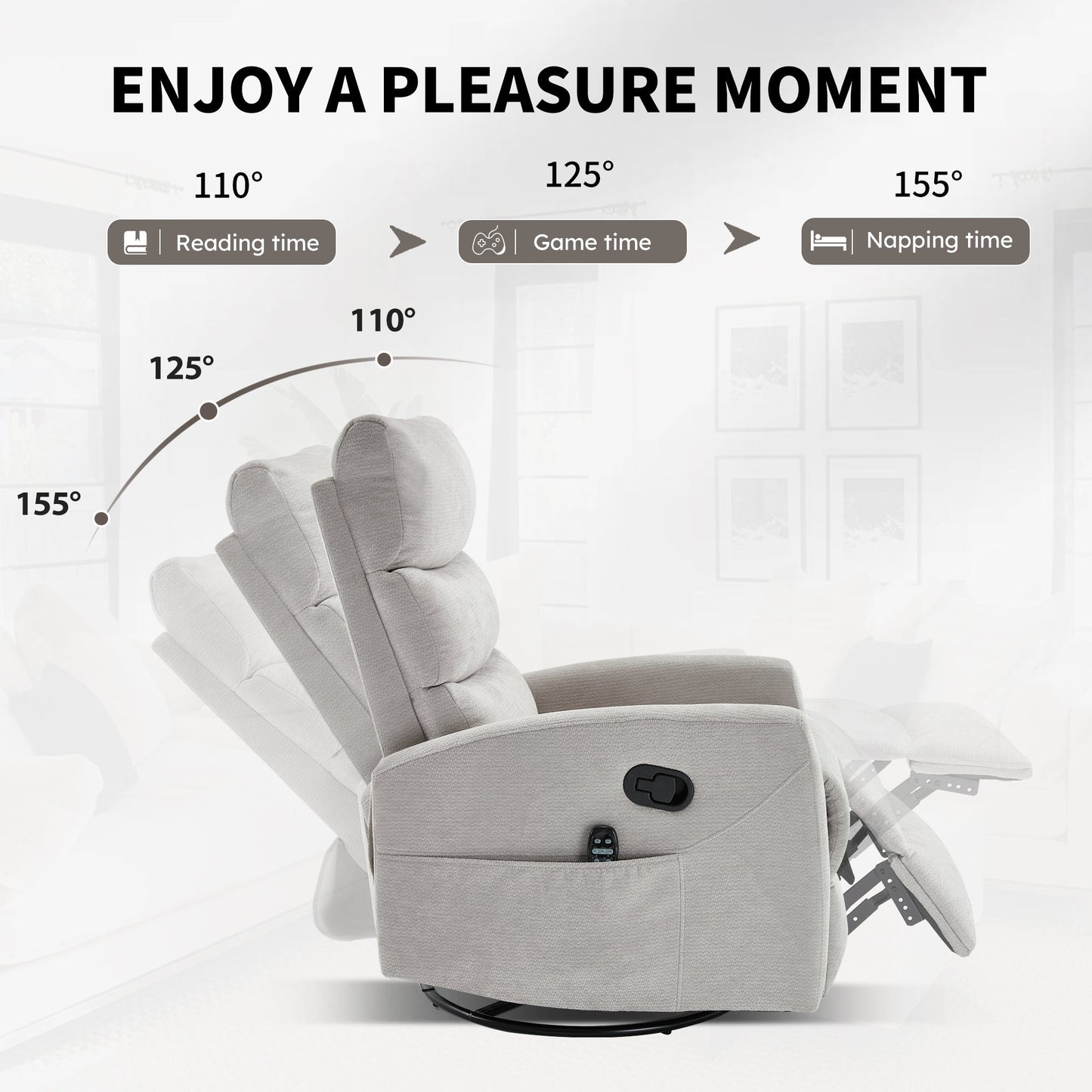 Heat Massage Manual Recliner Chair with Rocker and Swivel in Fabric for Living Room,Grey - 1st Choice Furniture Direct