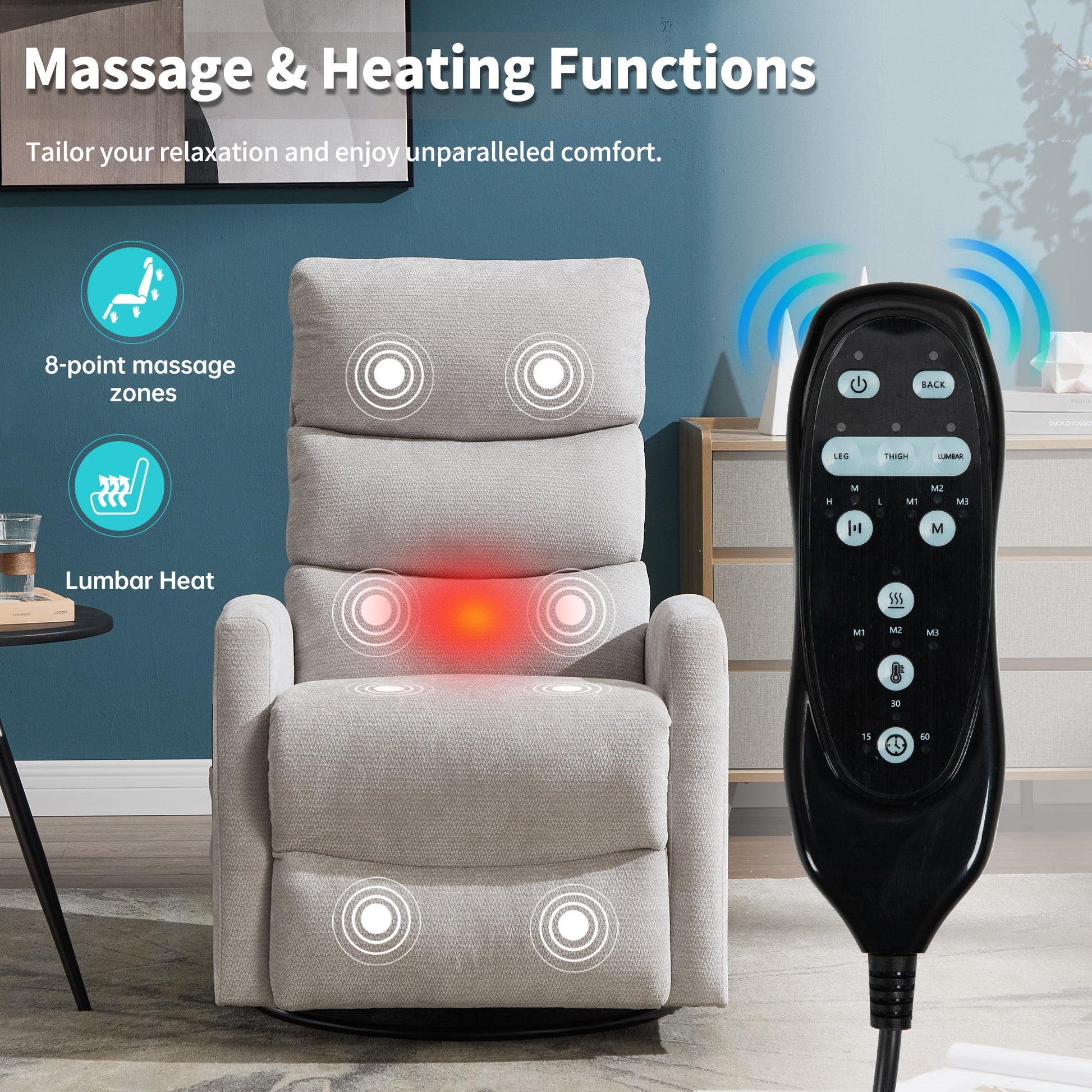 Heat Massage Manual Recliner Chair with Rocker and Swivel in Fabric for Living Room,Grey - 1st Choice Furniture Direct