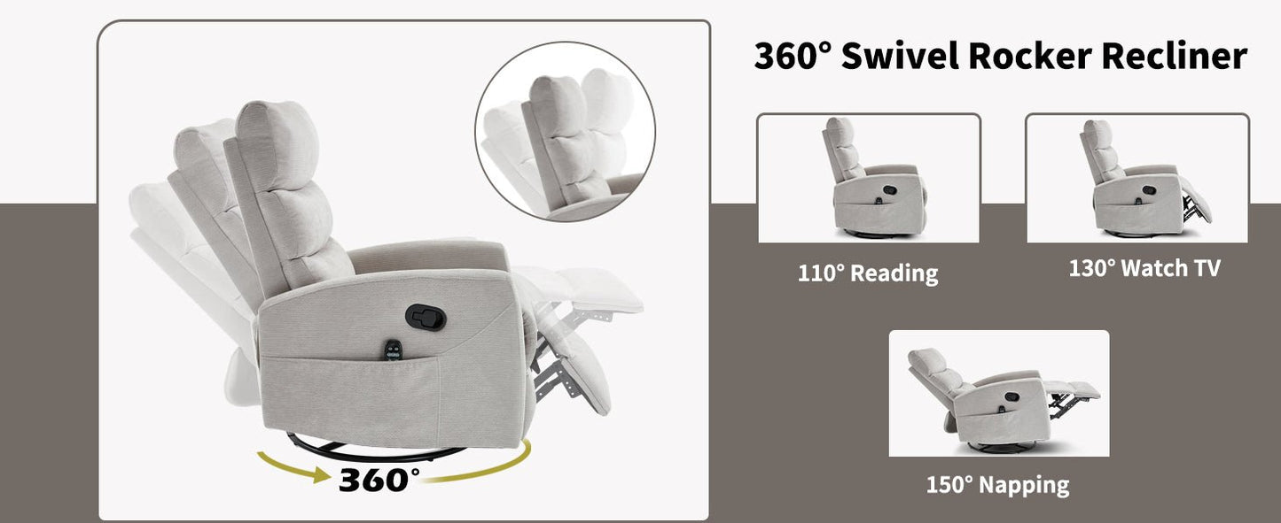 Heat Massage Manual Recliner Chair with Rocker and Swivel in Fabric for Living Room,Grey - 1st Choice Furniture Direct