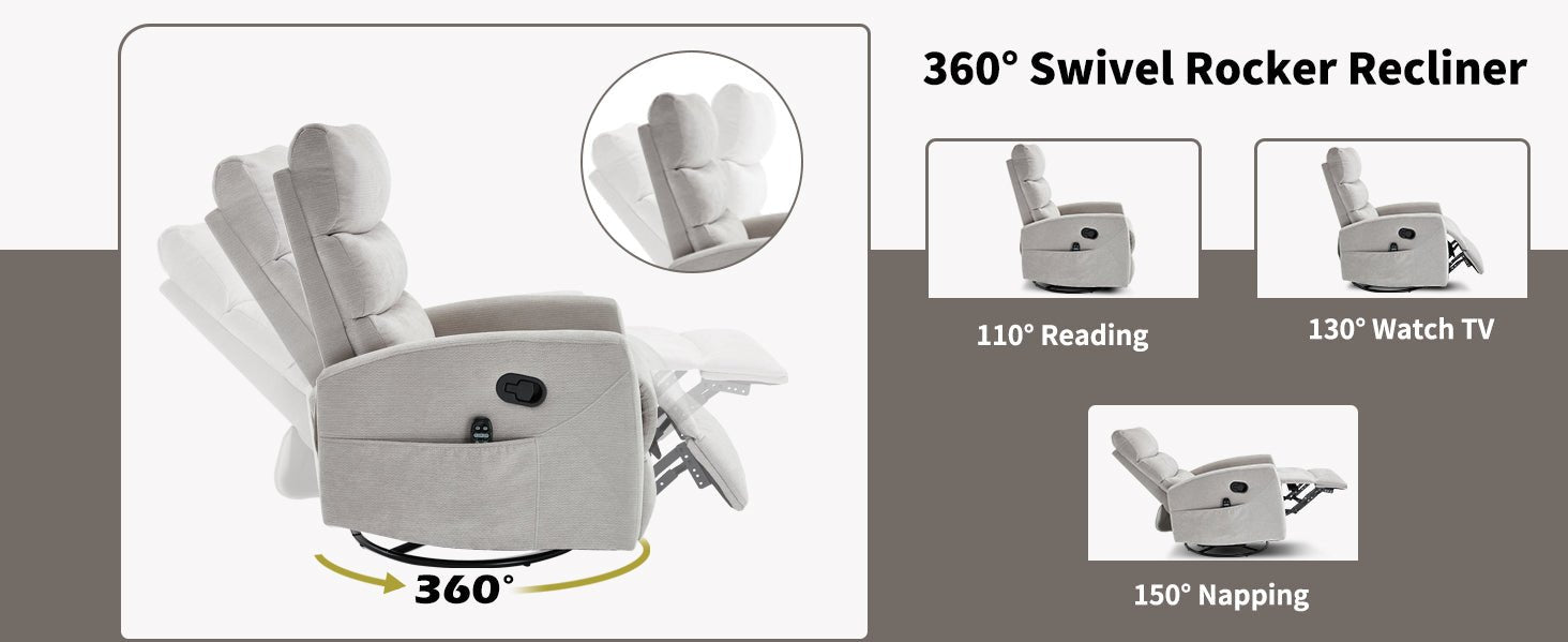 Heat Massage Manual Recliner Chair with Rocker and Swivel in Fabric for Living Room,Grey - 1st Choice Furniture Direct