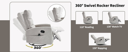 Heat Massage Manual Recliner Chair with Rocker and Swivel in Fabric for Living Room,Grey - 1st Choice Furniture Direct