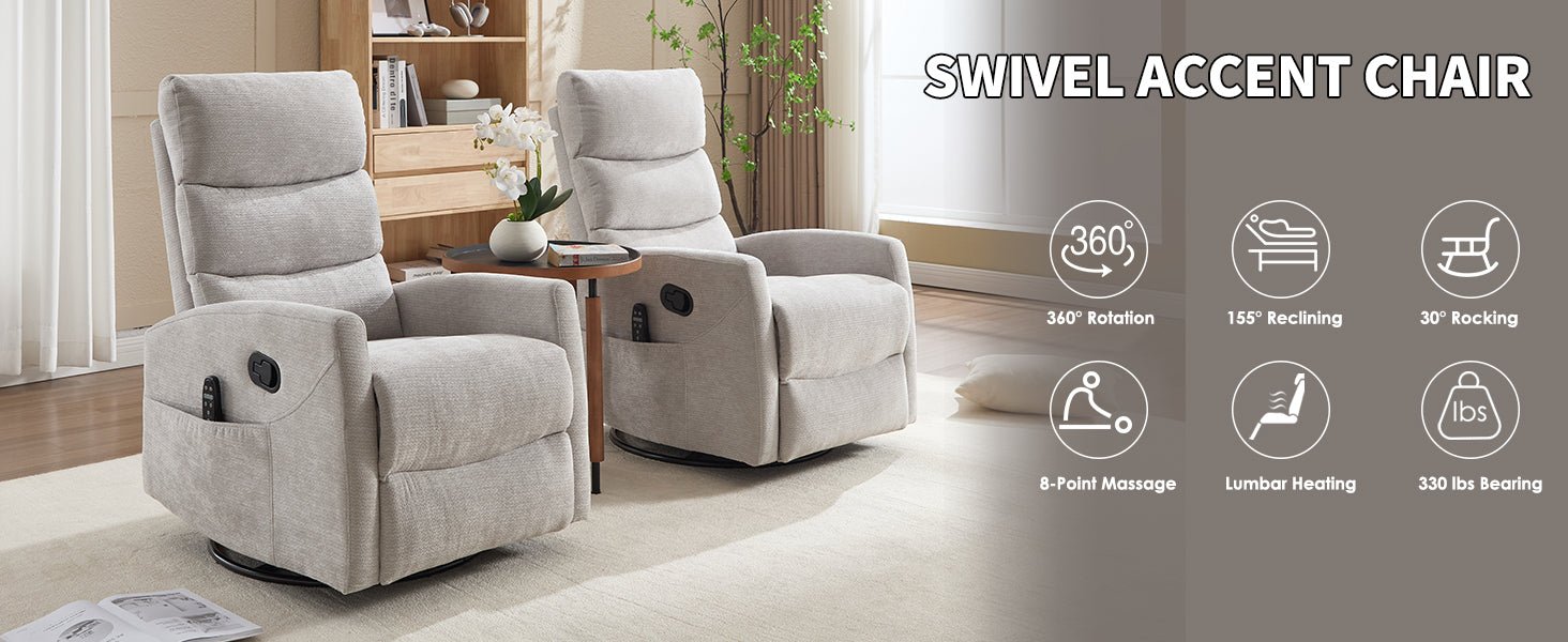 Heat Massage Manual Recliner Chair with Rocker and Swivel in Fabric for Living Room,Grey - 1st Choice Furniture Direct